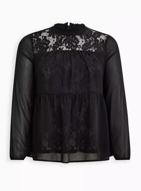 Torrid Size 2 NWOT Black Lace Chiffon Overlay Blouse Semi Sheer Long Sleeve Top